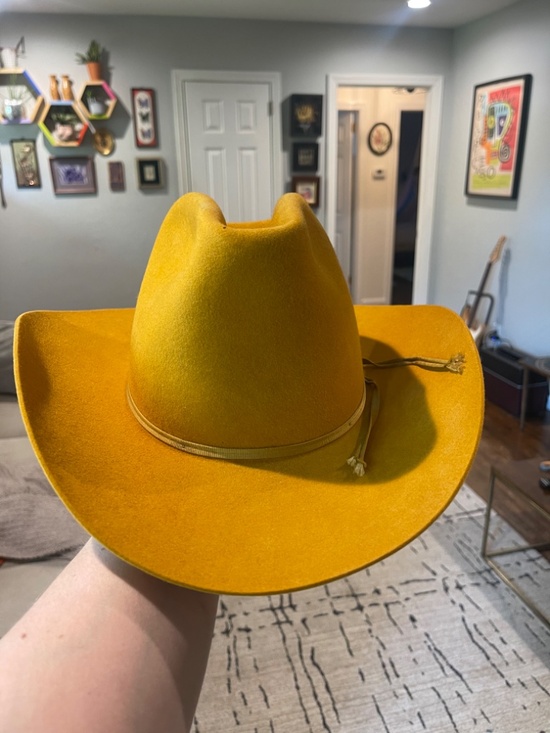 READ Vtg Resistol Western Self Conforming Felt Cowboy Hat Mustard Yellow 7 1/4 main image 13